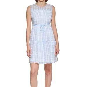 Calvin Klein Blue White Plaid Seersucker Sleeveless Short Mini Dress Size Small